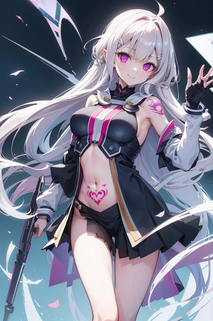 red eye color, gray hair color, zigzag braid hairstyle, (Gal outfit), ((battle gear)), ((Hello)), 40 year old female, anime character, (one person), expose her navel, ((movement)), (whole body),(In Cyber City), (ax skills),(NSFW)