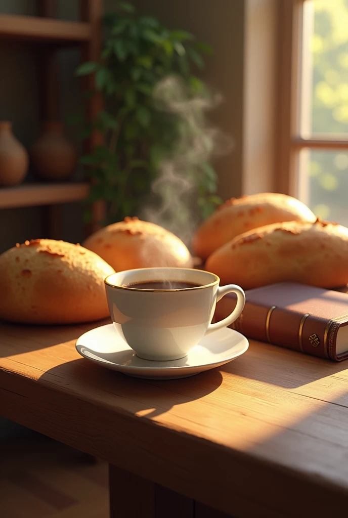 A beautiful cup of coffee on a nice table with loaves around it and a book 