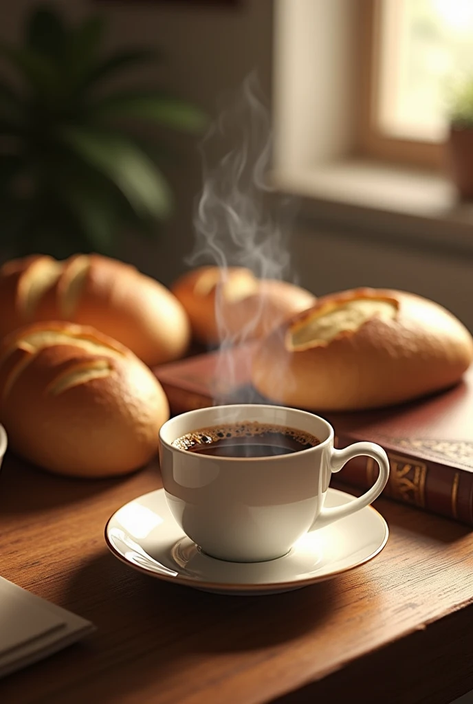 A beautiful cup of coffee on a nice table with loaves around it and a book 