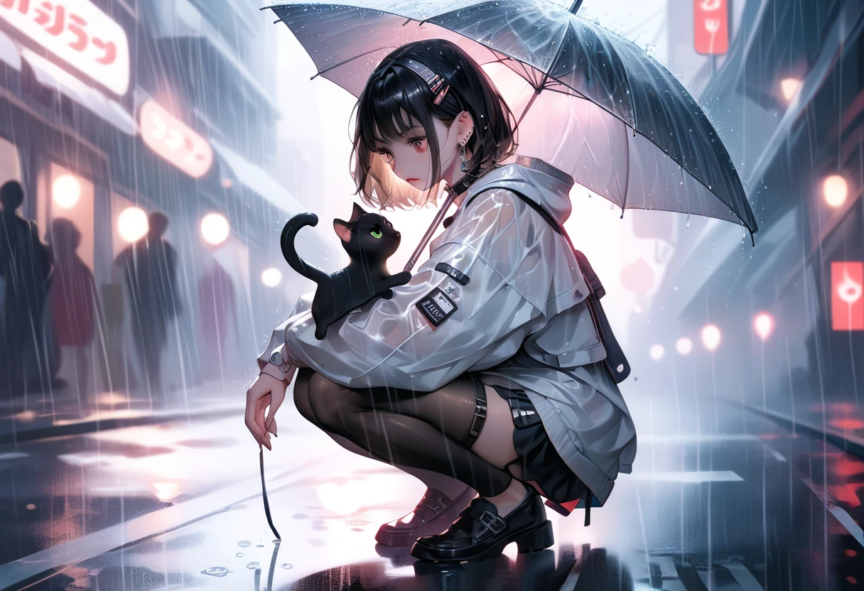 1girl, original, solo, rain, holding transparent umbrella, squatting, looking at animal, cat, blurry background, from side
