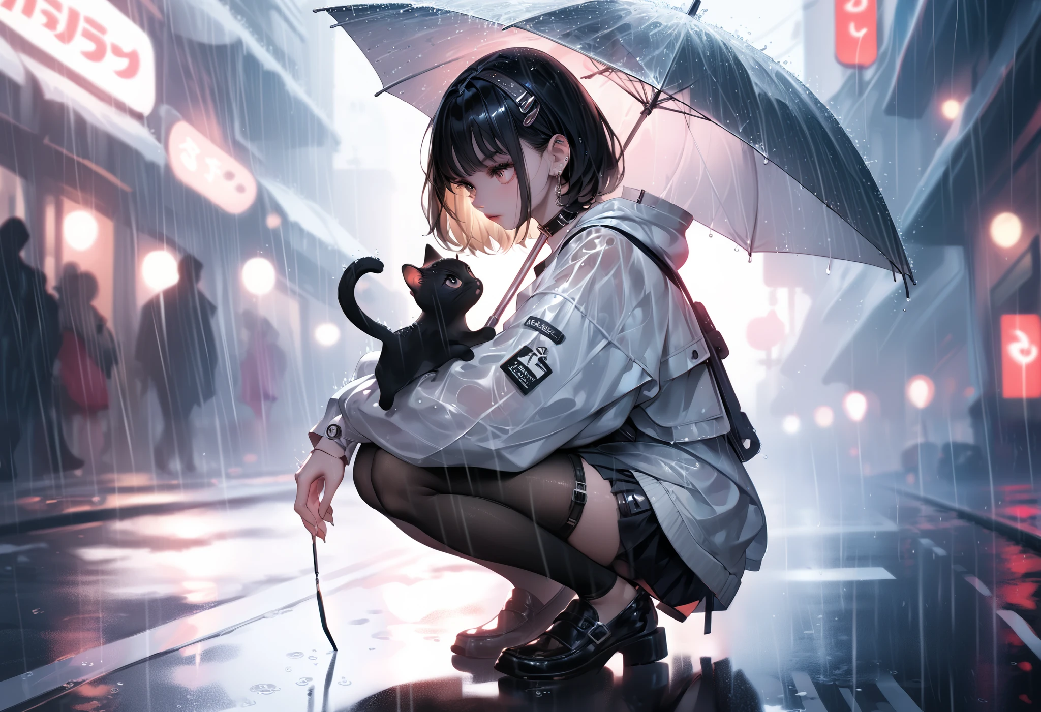 1girl, original, solo, rain, holding transparent umbrella, squatting, looking at animal, cat, blurry background, from side
