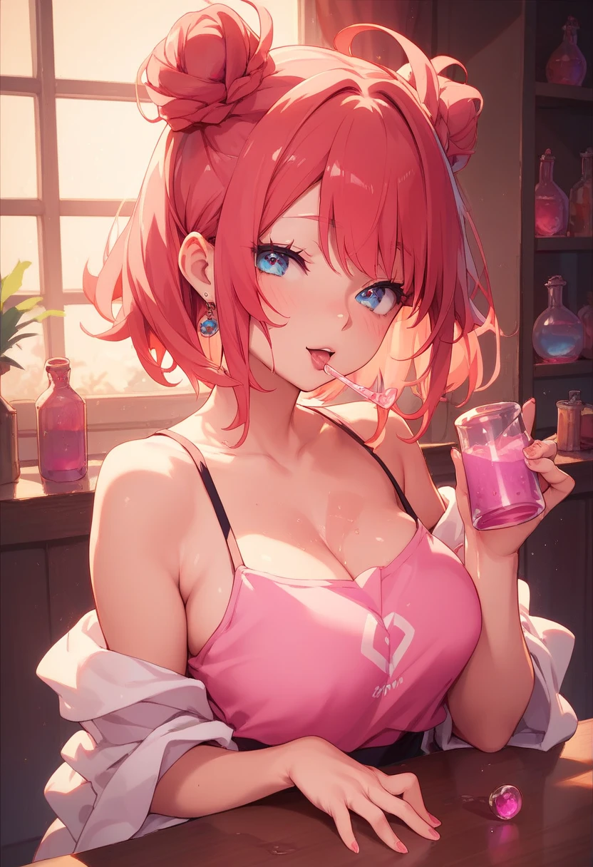 Busty red head drinks  pink potion and turns into a femboy