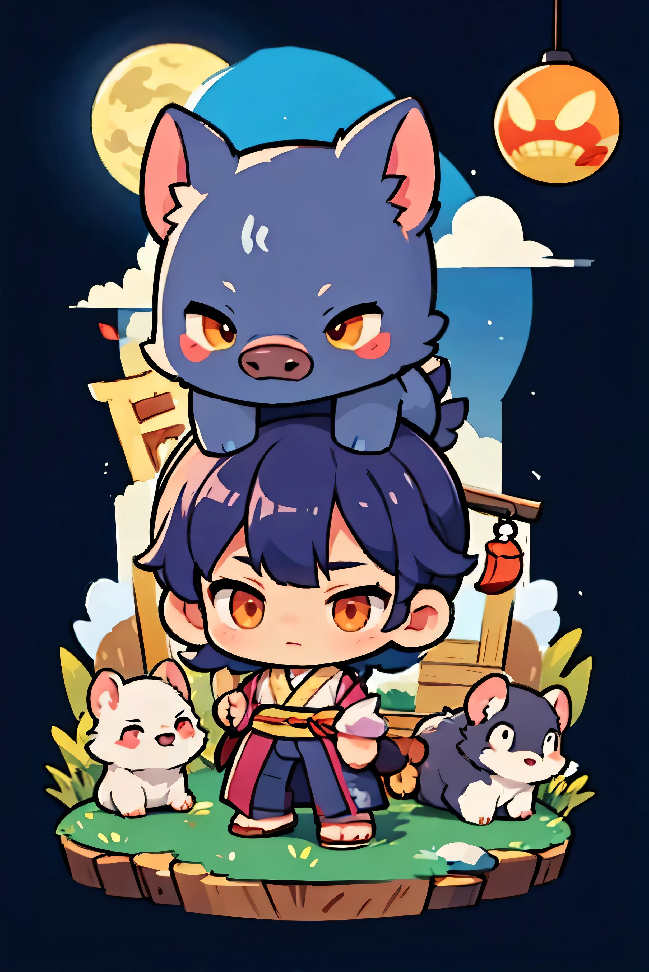 Boar Monster, Yokai, Night Time Background .