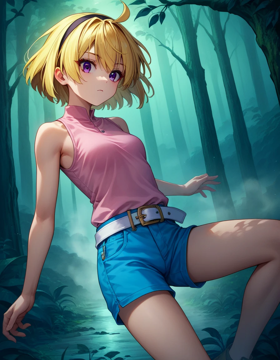  score_9,  score_8_up,  score_7_up, houjou_Satoko, 1girl, shorts, blonde hair, Alone, hairband, shirt, sleeveless, blue shorts, short hair, belt, pink shirt, purple eyes, sleeveless shirt, black hairband, bangs, bare shoulders, white belt, small breasts,forest, Floating in the air, illuminated tree々, star々, fog, Grains of Light, Blue-green,  imaginary