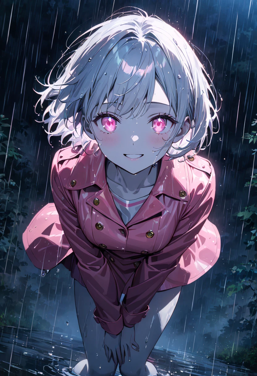 Anime Style, ,whole ,  white skin, white hair , Short Hair, Super Smile ,Wear a pink sailor suit,Get wet,Jump,Bend both legs,Good mood ,   pink eyes shining in the rain of light,White,Sparkling Eyes,Sparkling Eyesのハイライト,In the light  ,  highlight glowing eyes  , High Angle,It rains,masterpiece , best quality,Exquisite,8k,   absurd,  wearing a trench coat  ,( Viewers )