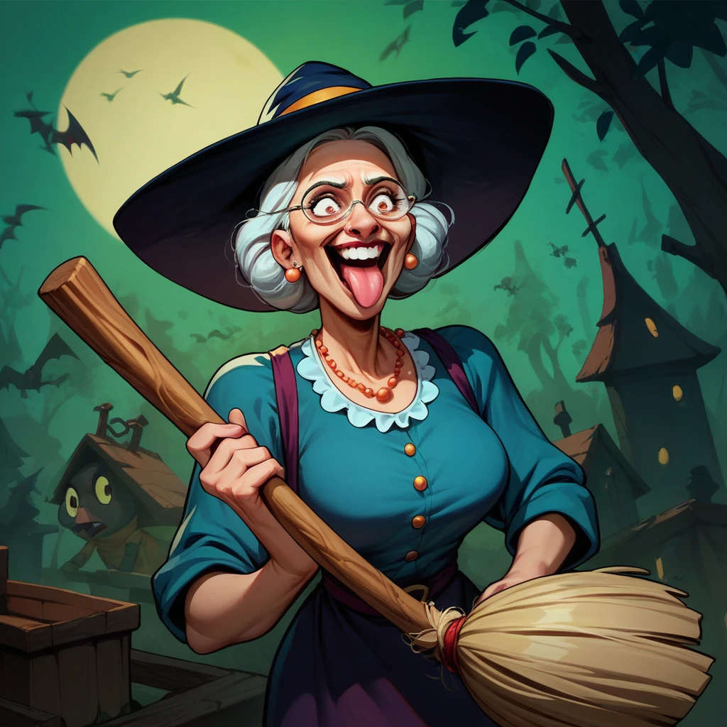  funny old witch grandmother flies on a broom,humor, stuck her tongue out,crazy witch grandmother ,joke, art,