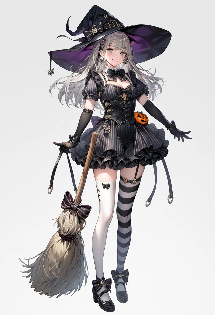 1girl, solo, halloween, witch, bucket, holding, bowtie, looking at viewer, broom, grey eyes, gloves, witch hat, blush, striped thighhighs, hat, long hair, black bow, black bowtie, white thighhighs, smile, grey hair, holding bucket, thighhighs, elbow gloves, black gloves, standing, striped clothes, full body, holding broom, bow, closed mouth, black footwear, night
