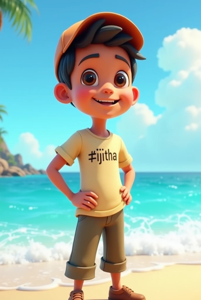 A boy is standing inba Beach the boy is wearing a shirt the boys name s
mir
 is written on the shirt.