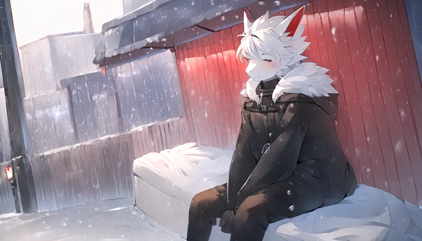 White Dragon Fluffy Red Horned Skinny Femboy Black Winter Suit White All White Cool White Wings White Hair Japanese City Places Snowfall Handsome Fairy Wings Handsome Hairstyle Handsome Face Sitting at Bus Stop Cute Handsome Looking Dragon