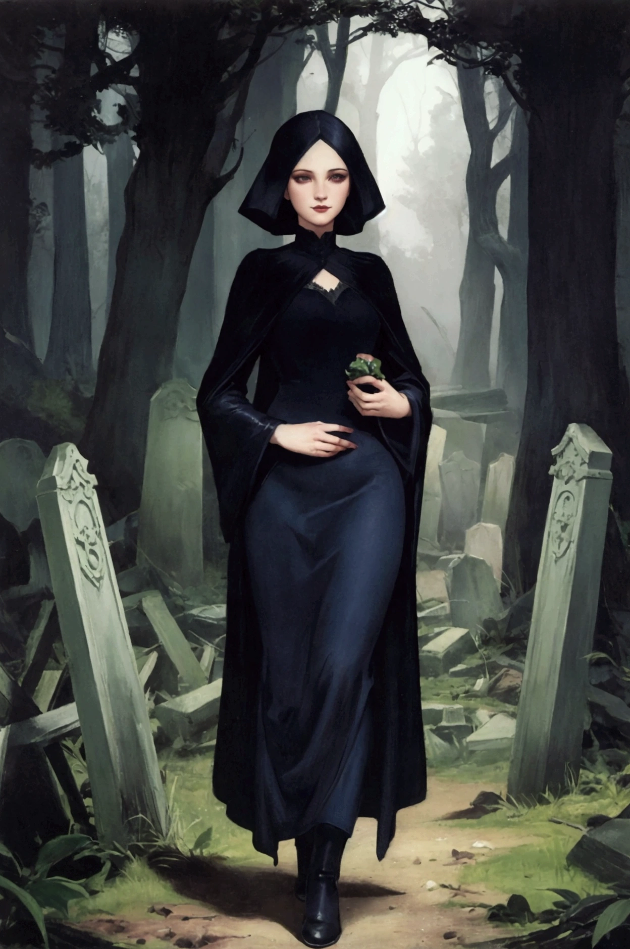  I have a woman and  walking through a graveyard in the woods, fantasy victorian art, Surreal Dark Art,  Dark Fantasy Art ,  Surreal Dark Fantasy ,  dark surreal art ,  Tom Bagshaw Art Style ,  Magical Realism and Dark Fantasy ,  DarkElve Maiden , , Art Tom Bagshaw , dark fairytale, Goth Family,  Dark Fantasy Art ,   dark surrealism 