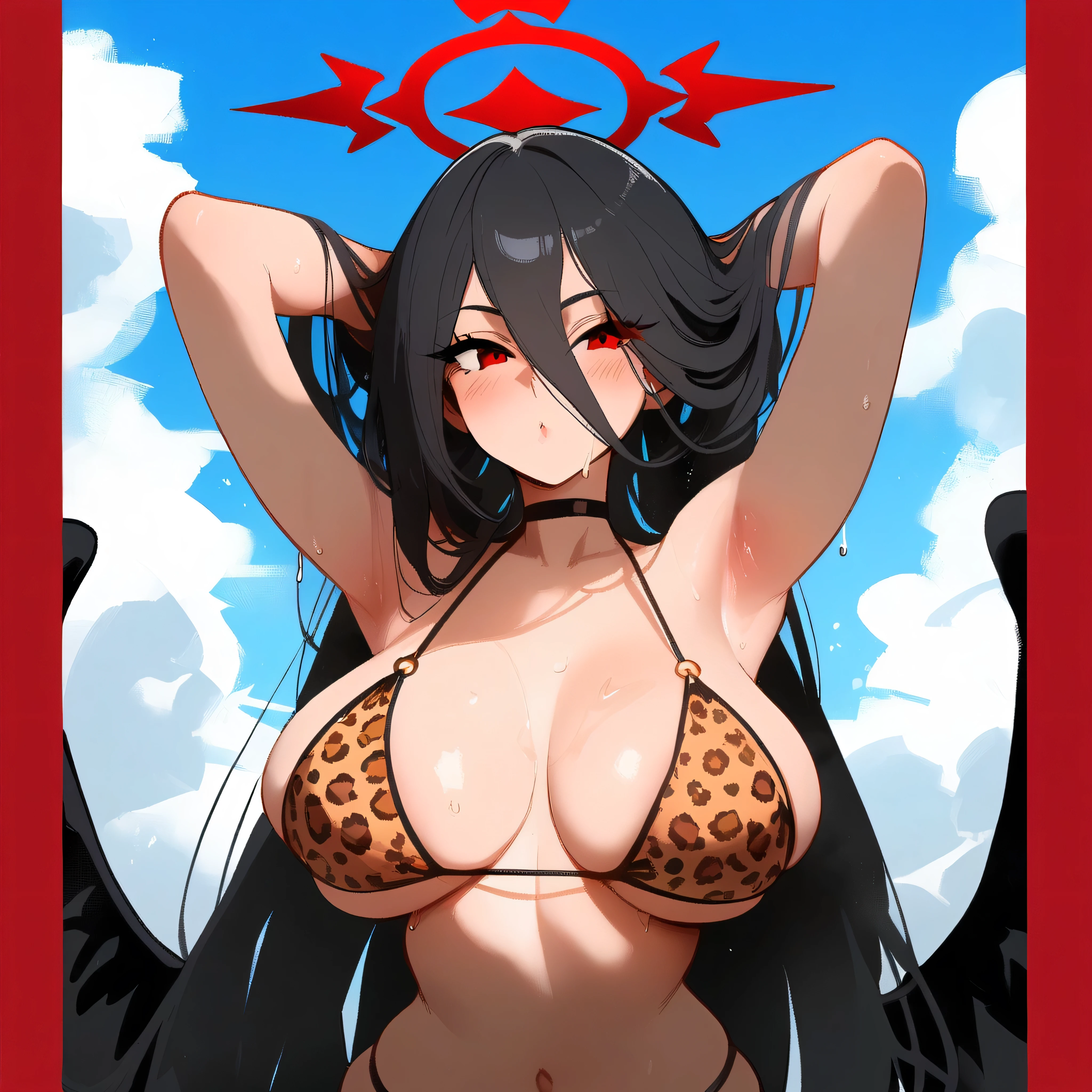 score_9, score_8_up, score_7_up, score_6_up, 1girl, breasts, , swimsuit, solo, bikini, cow print, hasumi \(blue archive\), rhalo, black hair, thighhighs, long hair, ,, blush,, hair between eyes,, very long hair, , big breasts, she has  black wings, , alternate costume, bare shoulders, large breasts, gloves,, elbow gloves, , farm,, 1boy,,,white-skinned male,,  ,, blush,,wet,pov, sex, ,,reverse cowgirl position, back view, ass, heavenly ass, slap marks on ass,  the wings come out of the sacrum, sky, clouds,meadow,cum