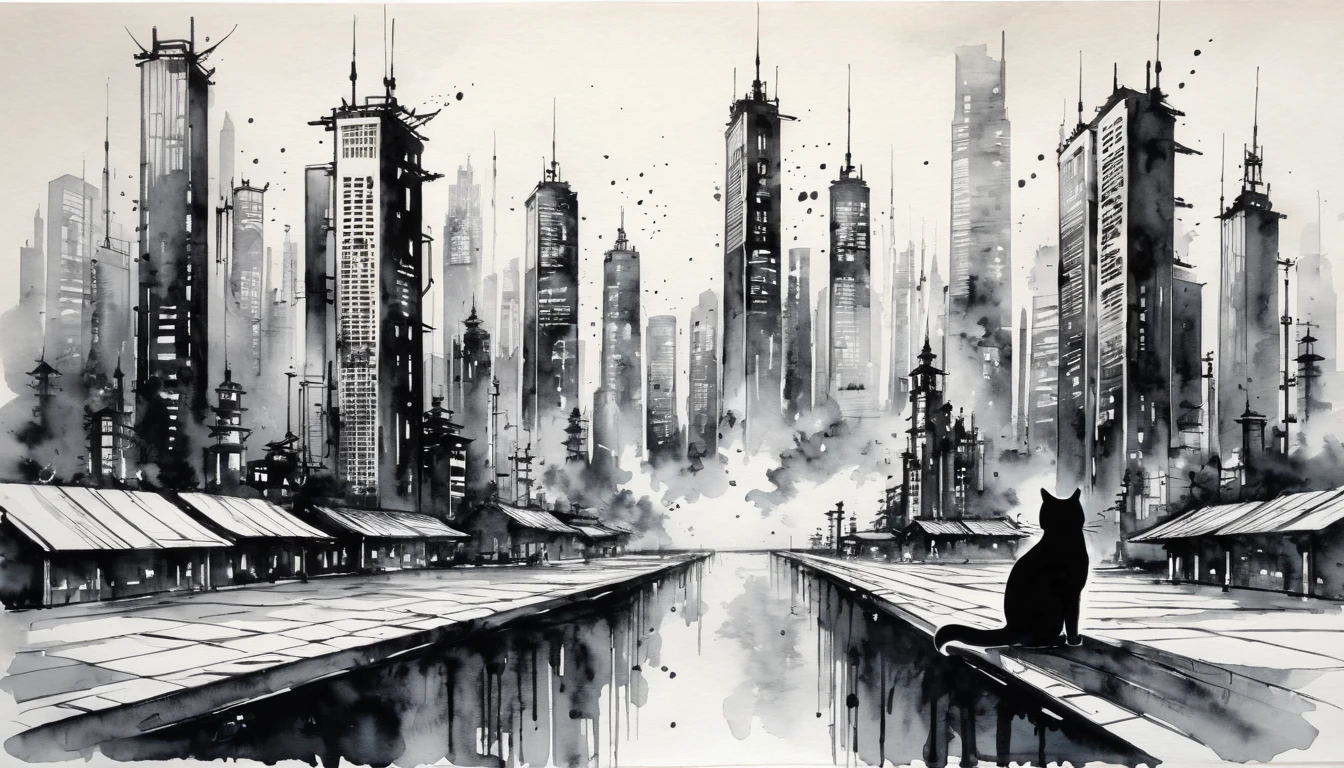 日本のInk Painting, Ink Painting, Ink Painting, 日本のInk Painting,  skyscrapers , Metropolis,  Cyberpunk ,cat, blue sky