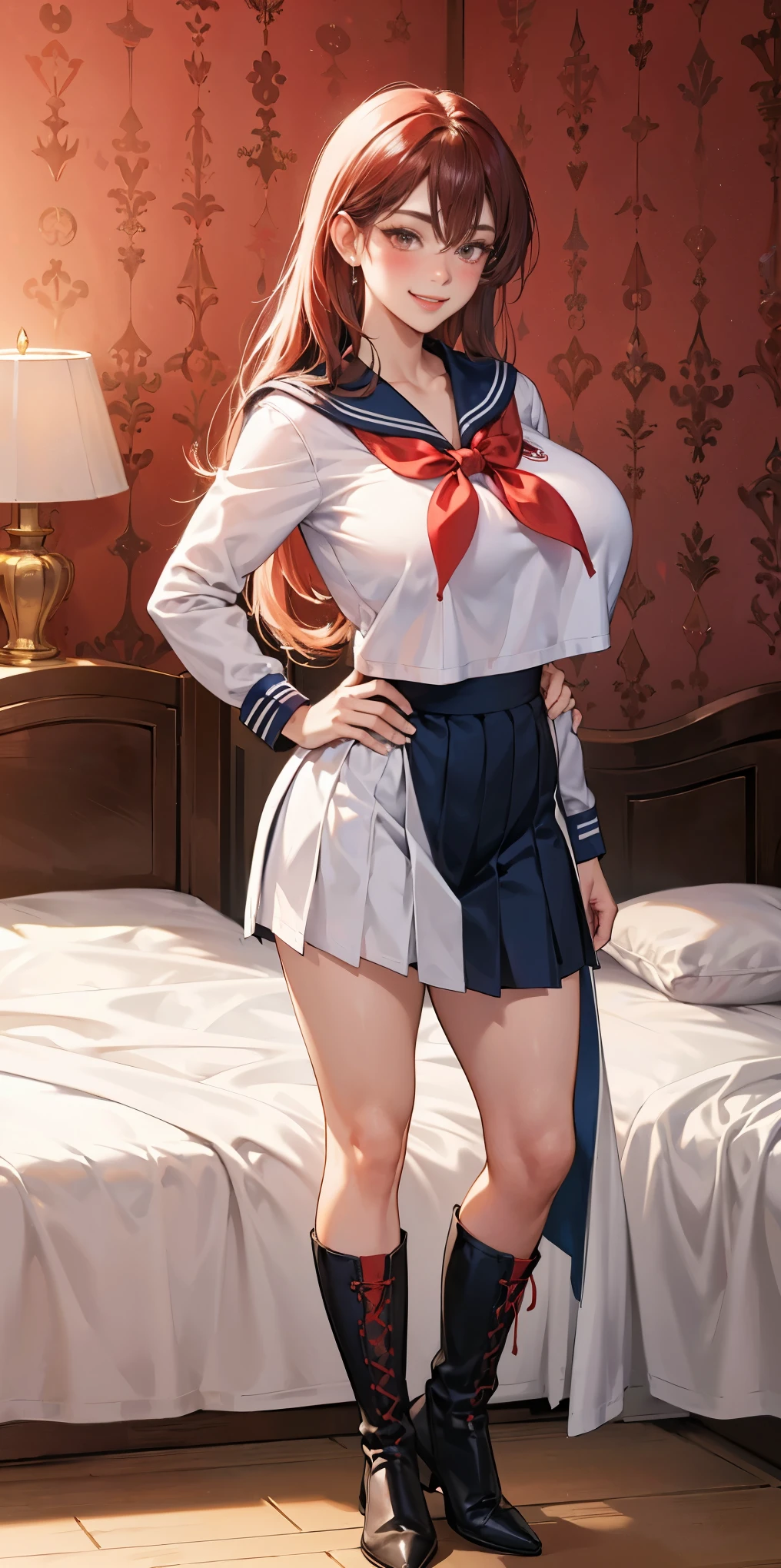 woman bodybuilder with very large calves very beautiful resemblance sailor uniform, full body standing symmetrical lustful smirking smile face (red blush), martial art, bouquet of flowers holding, full body toe to head, feet together, high boots, big breast, paladin warrior knight, hands on hips. red tattoo on belly, bedroom background, royal bedroom, Low-cut,Cleavage