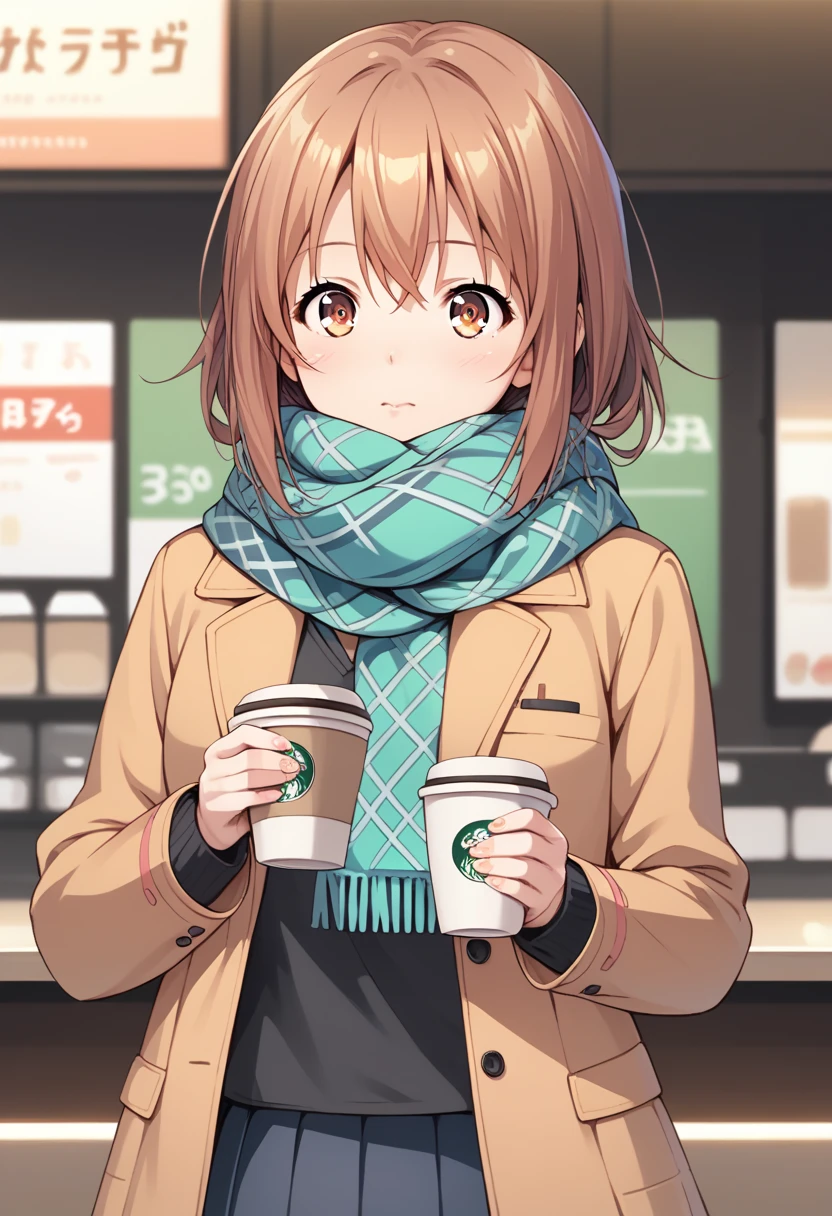 score_9, score_8_up, score_7_up, uncensored, source_anime, 1girl, solo, masterpiece, best quality, detailed face, face focus, BREAK hirasawa_yui, 1girl, solo, scarf, jacket, coffee shop, pleated skirt, 