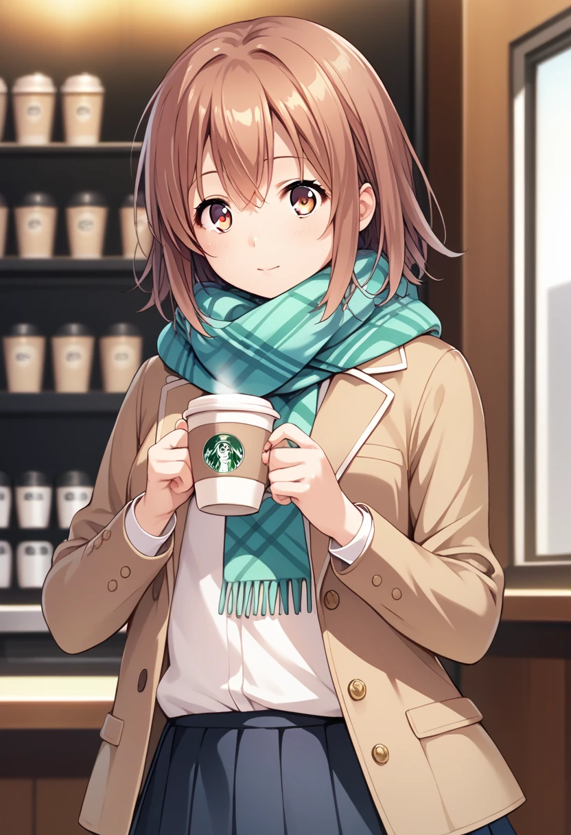 score_9, score_8_up, score_7_up, uncensored, source_anime, 1girl, solo, masterpiece, best quality, detailed face, face focus, BREAK hirasawa_yui, 1girl, solo, scarf, jacket, coffee shop, pleated skirt, 