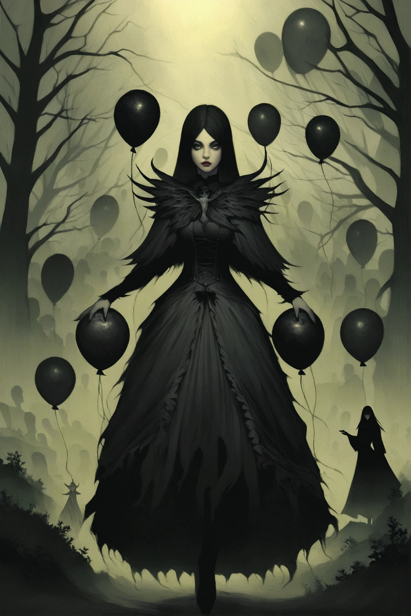  I have a woman and  walking through a graveyard in the woods, fantasy victorian art, Surreal Dark Art,  Dark Fantasy Art ,  Surreal Dark Fantasy ,  dark surreal art ,  Tom Bagshaw Art Style ,  Magical Realism and Dark Fantasy ,  DarkElve Maiden , , Art Tom Bagshaw , dark fairytale, Goth Family,  Dark Fantasy Art ,   dark surrealism 