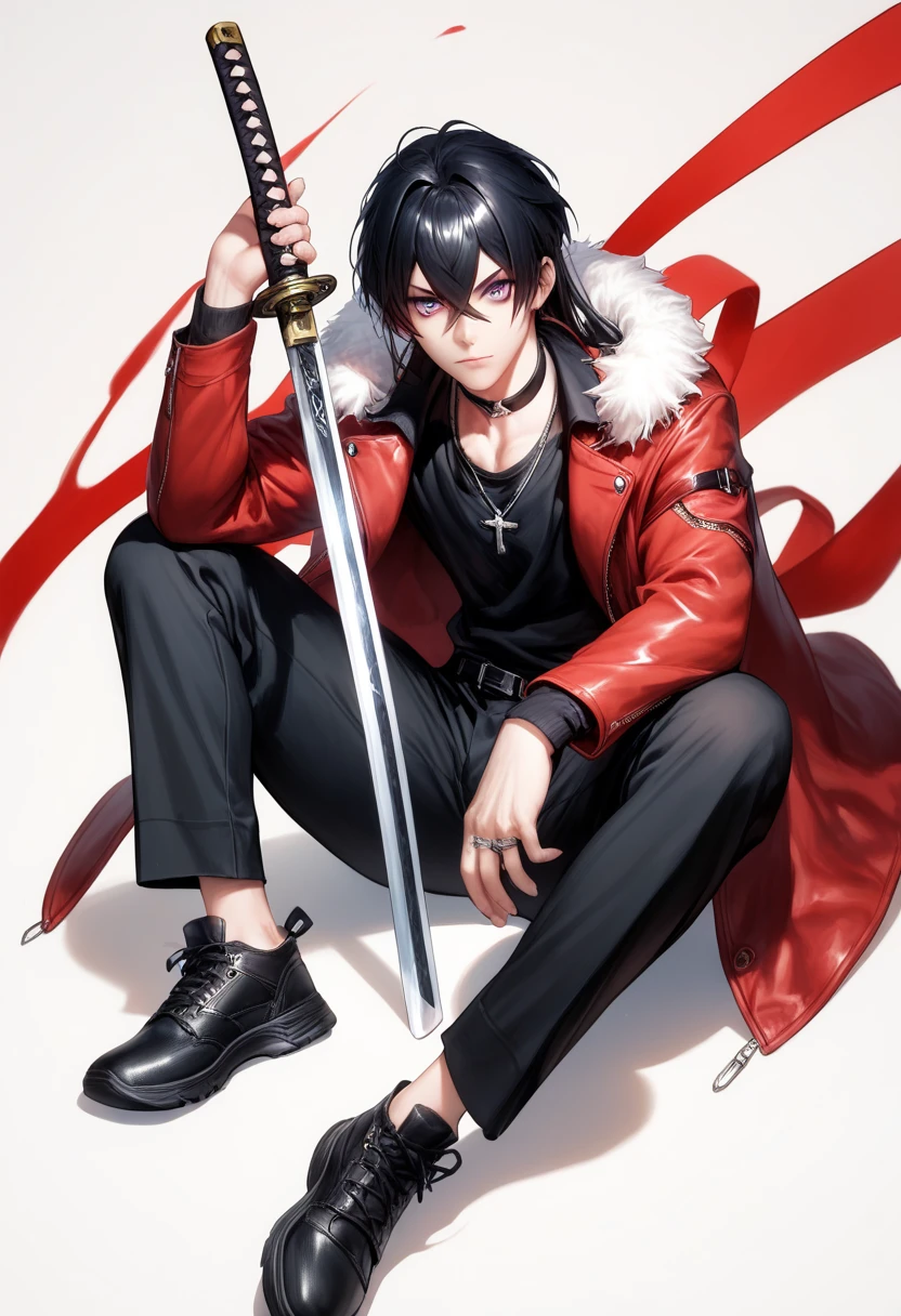 1boy, original, long hair, holding, purple eyes, looking at viewer, fur trim, shirt, sitting, holding weapon, jacket, sword, weapon, black shirt, fur-trimmed jacket, holding sword, black hair, pants, black pants, black jacket, shoes, hair between eyes, long sleeves, choker, katana, solo, red theme, full body, black choker, crossed bangs
