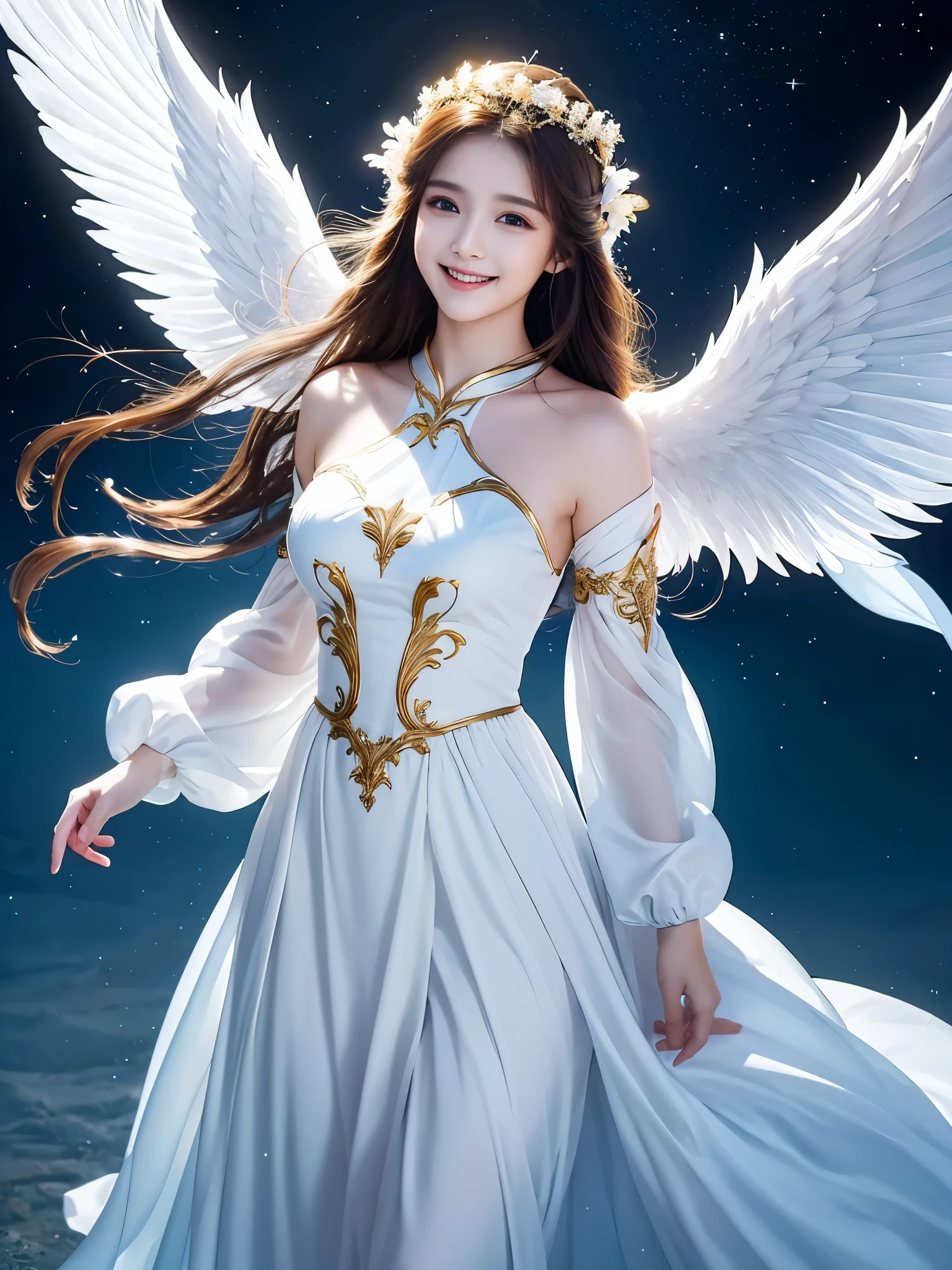 ((highest quality)), ((masterpiece)), (be familiar with), perfect face、20old angel、white wings、wings are big、nun costume、Gold tiara、Gold earrings、gold necklace、Long black hair、curly hair、smile、laughing、front、Upper body、、I'm in a rose field、eyes are big、long eyelashes