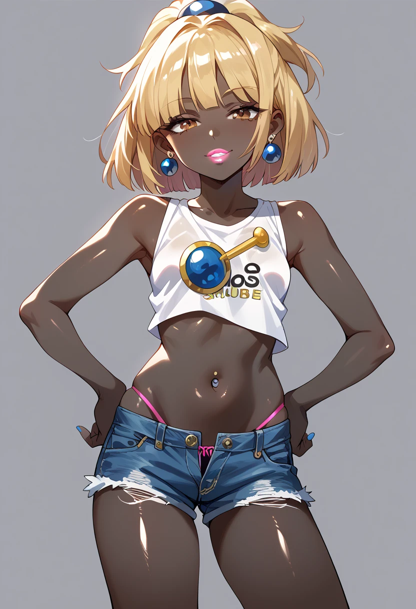 masterpiece, Hi-Res, best quality,8k
(arle nadja,Blonde,Petite,Small breasts)(((pitch black skin, shiny skin )))( black crop top , denim shorts,Belly button)(string panties)Narrowed eyes( earrings for a woman alone,Belly button piercing,Lip Piercing,Pink lipstick,blue manicure )((squat, smokes ))