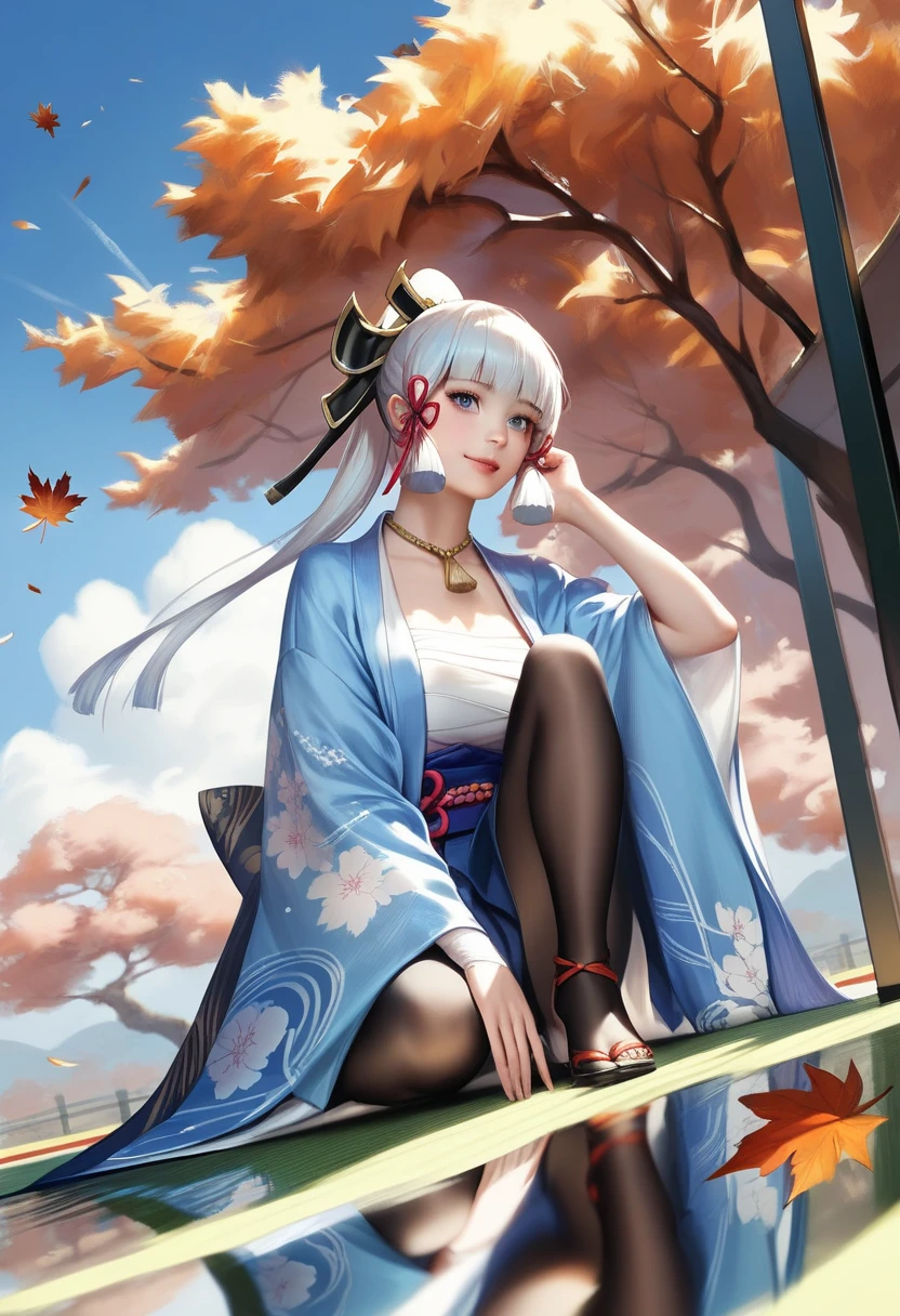 1girl, kamisato ayaka, alternate costume, kimono, sitting, day, sky, autumn leaves, water, reflection, tatami, general, seiza
