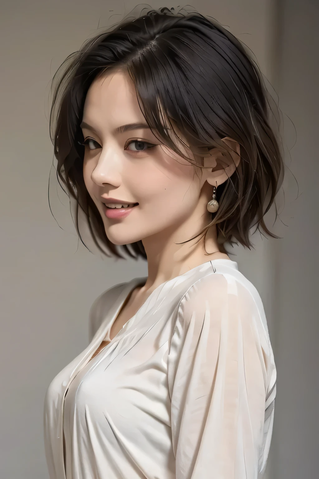 ((masterpiece)), (( best quality)), ((8k)), (( surreal)), ((Realistic)), (Mature), ((No classes)), very detailed, (1 female), Beautiful and exquisite, (Beautiful Teeth), Grin, brunette pixie cut, Brown Eyes , ((blouse)), ( upper body), ((background:Nothing gray one color )), Perfect Eyes, Eyes that steal your heart , Staring at the Audience