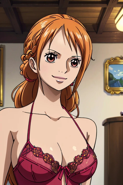  ( Supreme Masterpiece, best quality, 4K, 8k,  Hi-Res, masterpiece:1.2), Super detailed, (Realistic, photoRealistic, photo-Realistic:1.37) , dress, must be made in an anime style ,Her hair is bright orange, Beautiful Hair, Beautiful Hair型,(Delicate Braid 1  .5),Side Tail 1.3, (Realisticな肌), beautiful details in her eyes , beautiful brown eyed middle school students , beautiful skin ,Beautiful lipstick, beautiful lips, Charming,smile , lingerie,nsfw, Sunshine spot 1.3,アートスタイルはCharmingなアニメスタイルに似ている, rendering, Added HDR to enhance visual effects, 超 Hi-Res,  studio lighting,  ultra-fine painting, Sharp focus, 物理ベースrendering, professional,  vibrant colors,((( best quality))), ((Super detailed)),((masterpiece:1.5)), Detailed Photos, ( best quality: 1.4), 超 Hi-Res, High image quality,Perfect fingers,Perfect limbs,Perfect Fingers