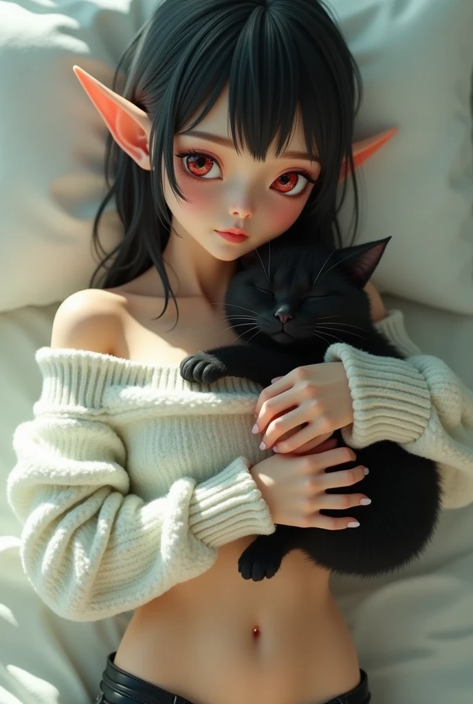 Super realistic illustration, Cinema 4D rendering, 1 elven lady, solo, detail face, fine skin, detail eyes, beautiful eyes, She is sleeping on her bed with a big fluffy black cat sleeping on her breasts, Oversized fluffy white sweater, sleepy smile, black hair, red eyes, beautiful eyes, pointy ears, breasts, Cleavage, black low rise bikini shorts, groin, bare foot