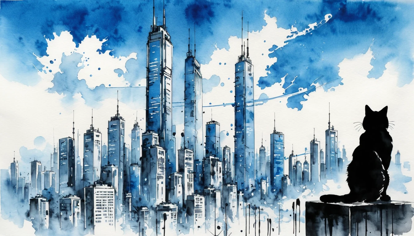 日本のInk Painting, Ink Painting, Ink Painting, 日本のInk Painting,  skyscrapers , Metropolis,  Cyberpunk ,cat, blue sky