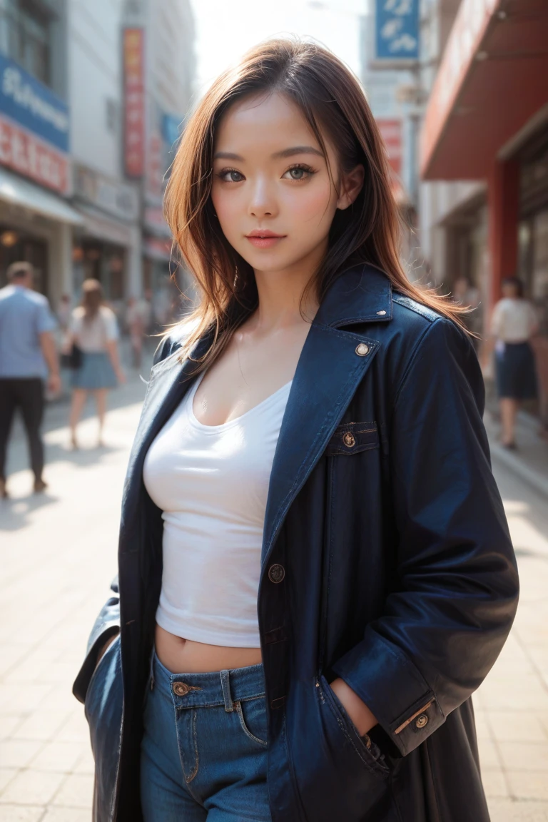 ((medium breast, tomboy girls, small head)), daylight, sunlight, (chiseled abs : 1.1), (perfect body : 1.1), (short wavy hair : 1.2) , auburn hair, collar, chain, full body shot, crowded street, wearing black tanktop, jeans jacket, ((shorts)), (extremely detailed CG 8k wallpaper), (an extremely delicate and beautiful), (masterpiece), (best quality:1.0), (ultra highres:1.0),  beautiful lighting ,perfect lightning, realistic shadows, [highres], detailed skin, ultra-detailed