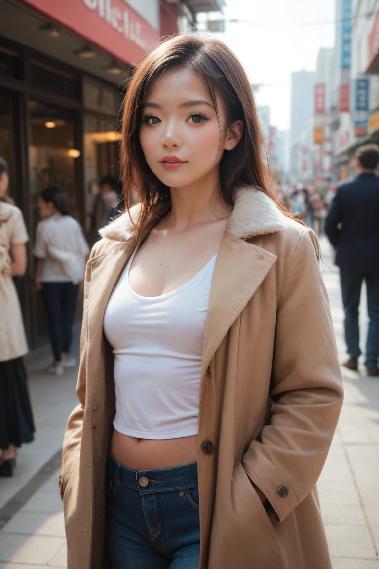 Extremely detailed Cg Unity 8K wallpaper, Best quality, Ultra-detailed, Masterpiece, Realistic, photograph realistic, extremely detailed cute girl, 20yr old, ((skirt lift by yourself)), (Skirt lift), (Panties , panty focus),(Camel hooves)， Blush, parted lip, view the viewer ,(Clear eyes，Clear nose，Clear lips，Fair skin)，Semi-body shot , Wear a hooded jacket ,(Tokyo streets ,Falling snow)， --v6