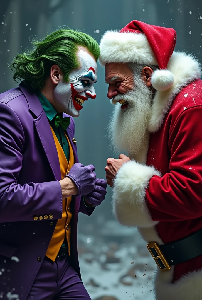 Joker in an expensive,stylish suit,holding a wine glass,standing with Santa Claus,speaking to the audience at a Christmas ball,realistic photography,detailed,luxury setting,rich colors,festive atmosphere,high-resolution,black-tie event,