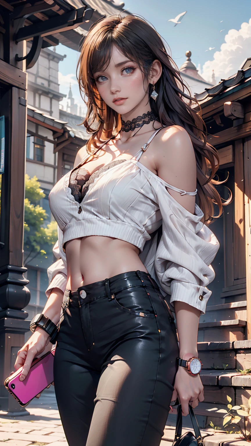 24 year old Caucasian female、Silver Hair、Straight Hair、Lace choker、Strap shoulder tops、No bra、Chest（Nipple swelling emphasis)、Colorful leggings、Stiletto heels、Sitting on the wide stone steps of the Old Town、Crossing your legs、Cheek resting on hand、smile、Silver accessories on the wrist