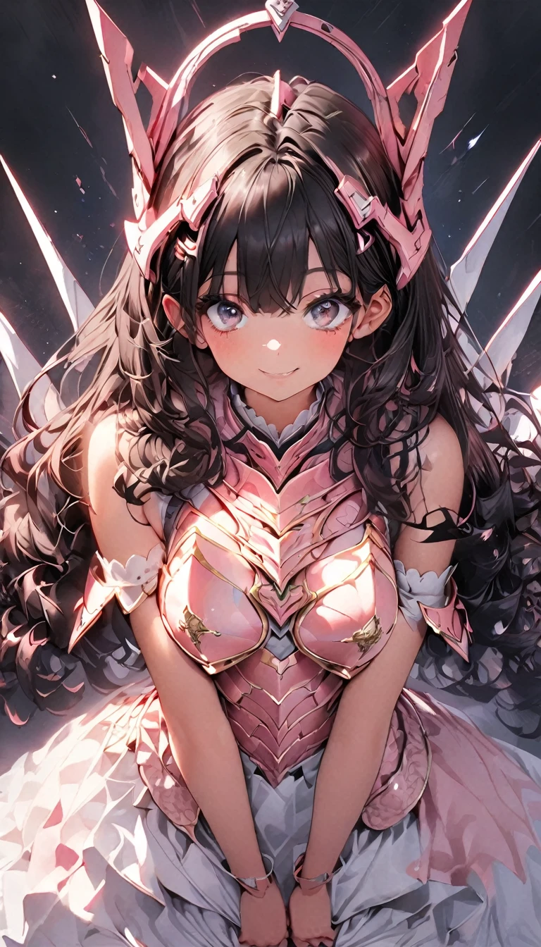 masterpiece, best quality, extremely detailed, high resolution, Japanese anime,1girl, black hair, (medium length hair:1.4), (blunt bangs:1.5), wavy hair, drill hair, curl outward hair, (huge breast:1.2), (mechanical horn:1.5), mechanical wing, (black eyes:1.5), (beautiful detailed eyes:1.4), laugh, 130cm tall, original character, fantasy, (black background:1.2), (full body:1.8), beautiful fingers, standing, (pink lace frill armor dress:1.5), (mechanical headgear:1.5) , shoot from front, looking at viewer