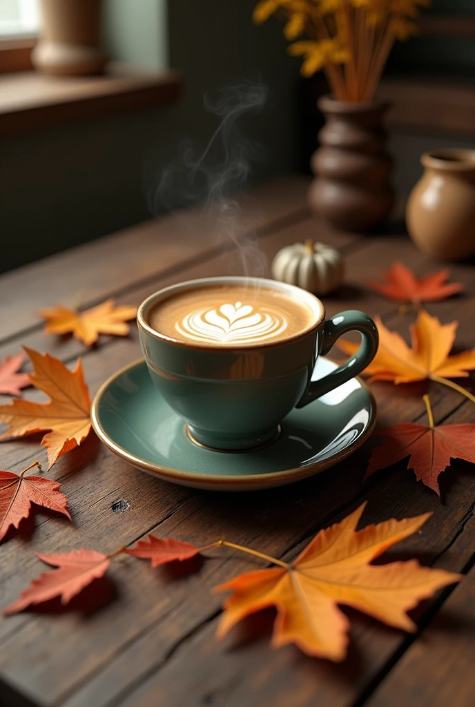 A beautiful cup of coffee on a nice table with loaves around it and a book 