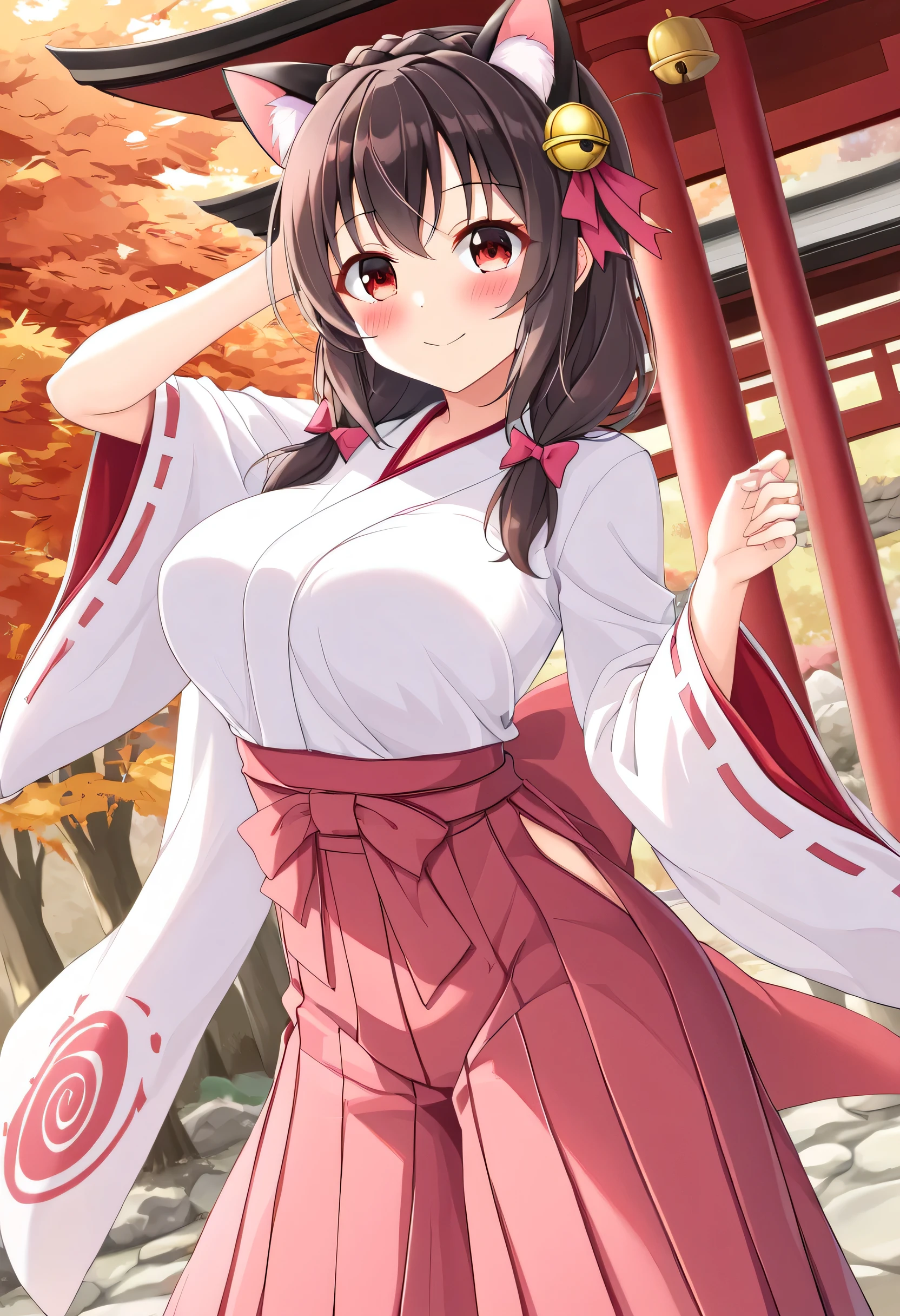 yunyun、masterpiece, best quality, Hi-Res,one person, Yunyun、My name is Yunyun, crown braid in the same color as the hair, black hair、Red eyes、 hair accessory with a bell , hair bow, ( white and pink shrine maiden costume 、Hakama is a red )、She has big breasts、(blush)、autumn leaves、(shrine:1.2)、Standing、 open my eyes 、(A cheerful smile)、blush、Looking up、Dancing 、Cat ears