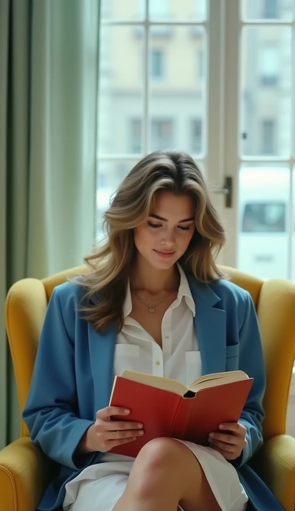 (masterpiece, best quality:1.2), Brooke-babe, seated on a yellow lounge chair by a white French window with pastel green sheer curtains. She is reading a book with a red cover, wearing a oversized, blue blazer jacket, " close up shot, of her face, natural soft light, no make up