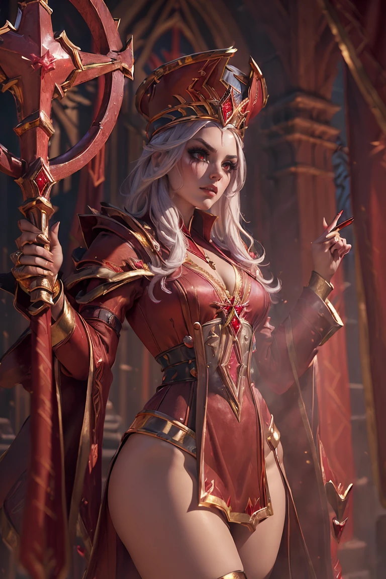 (masterpiece, high quality:1.8), (extremely detailed:1.5), (ambient lighting:1.4), Sally Whitemane, (1girl:1.2), mature female, (alluring:1.3), confident, determined expression, white hair, long flowing hair, (ornate jewelry:1.2), dramatic eyeshadow, (eyeshadow:1.8), iconic hat, intricate shoulder armor, (red robes with gold trim:1.6), gothic cathedral setting, dramatic light filtering through stained glass windows, (Scarlet Crusade theme:1.5), (provocative and captivating pose:1.4), aura of dominance and elegance