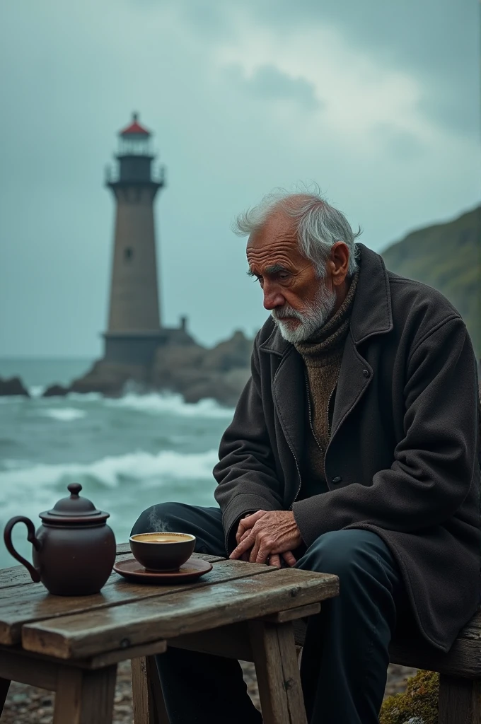 Vieux monsieur avec une barbiche，Sitting on a chair，Les yeux regardent les bottes，Bottes de pluie noires brillantes, 8k resolution,Wallpaper Masterpiece，Best quality，Very meticulous，ultra high quality, au centre de l'image, Ocean Background, au bord d'un navire