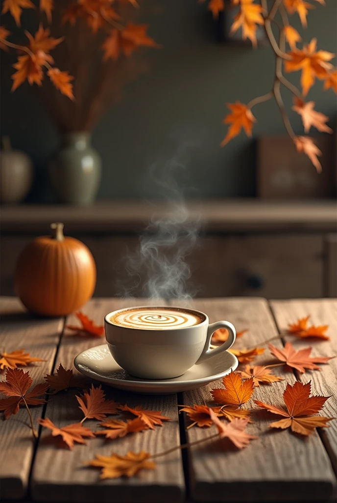 Table full of dry leaves and a cup of coffee with milk in the middle in a rustic kitchen 