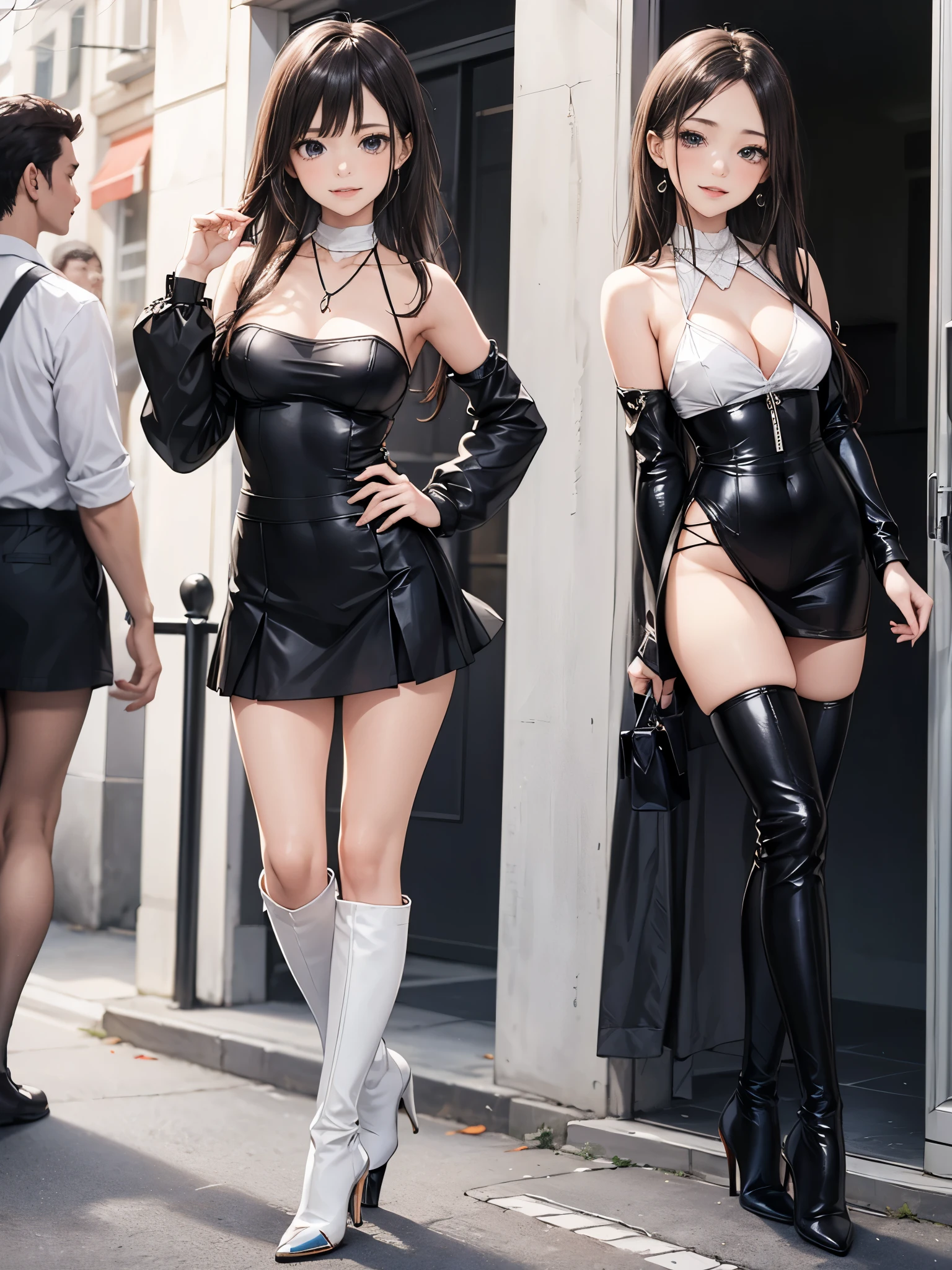 (Full body shooting ：2), （Full Focus：1.3）,Must show your face, anatomy correct, The character wears a dress，Strangle effect，High-heeled leather shoes, anklet，leg loops，collars，Heavy makeup, A shallow laugh, Latex stockings must be worn, hyper HD, Ray traching, structurally correct, Award-Awarded, high detal, lightand shade contrast, cinmatic lighting, tmasterpiece, super detailing, high high quality, high detal, best qualityer, 16k