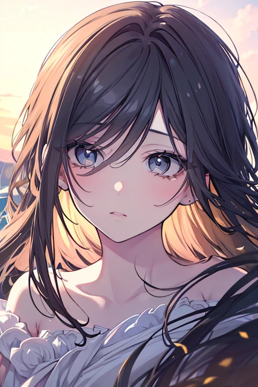 ((Highest quality)), ((masterpiece)), (detailed), One girl,night, On a quiet night by the sea,The sound of the waves resonates in my heart,Your voice rides on the wind ,Reaching for the stars、far away,Almond Eye,Close up of face