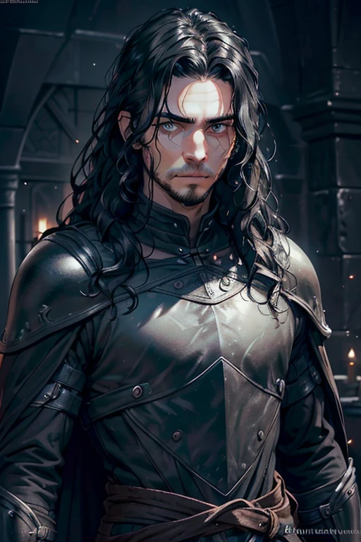 tall man, strong build, knight, pitch black armor, casual pose, upper body shot, (focus face), (super detailed black eyes:1.4, pitch black eyes, detailed eyes), (middle long wavy black hair, shining black hair), masculine face, young man, neutral expression, dark eyebrows, tiny beard, unscathed face, respectful look, (masterpiece, detailed, high resolution, 8k, super detailed, high quality), looking straight at viewer, head neutral pose, cinematic lighting, warm lighting,
