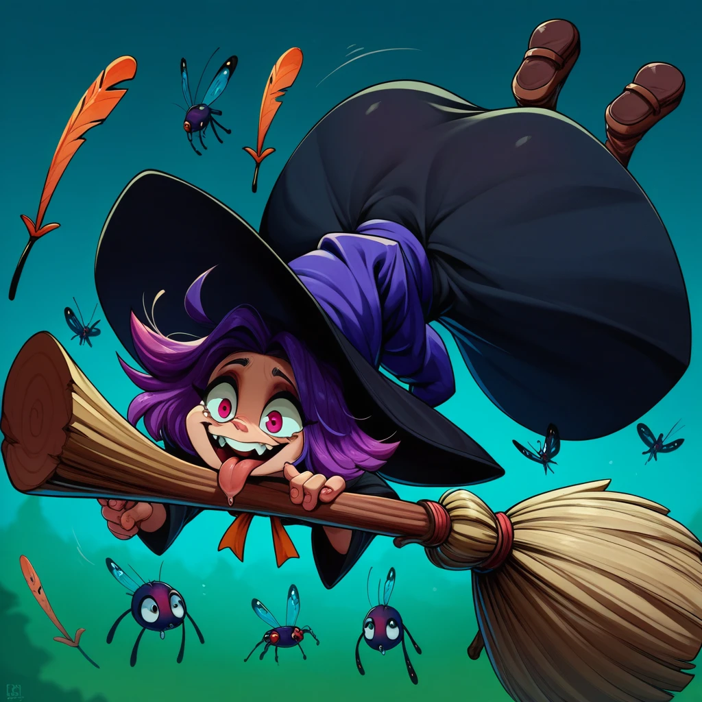 старая забавна бабка-witch flies on a broom,humor, stuck her tongue out,безумна бабка-witch,joke, art,flies on a broom,witch,