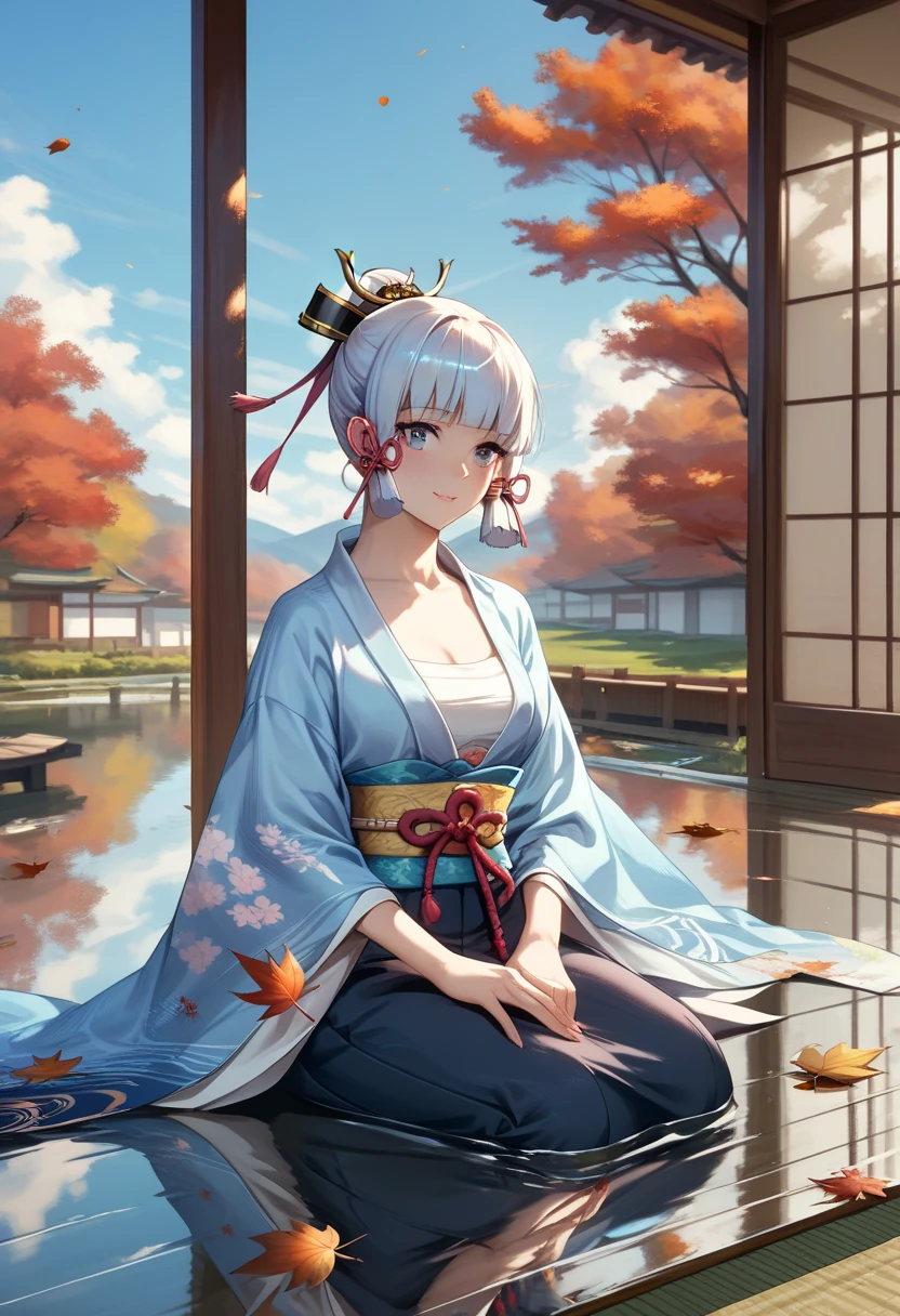 1girl, kamisato ayaka, alternate costume, kimono, sitting, day, sky, autumn leaves, water, reflection, tatami, general, seiza
