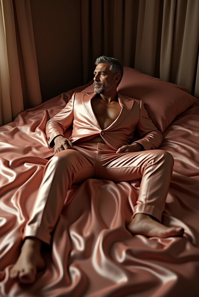 There is a man lying on a bed taking a photo., [ abdominales firmemente definidos ]!!, [ rigidly defined abs ]!!, abdominales cincelados, Maximum quality, calidad HD alta 