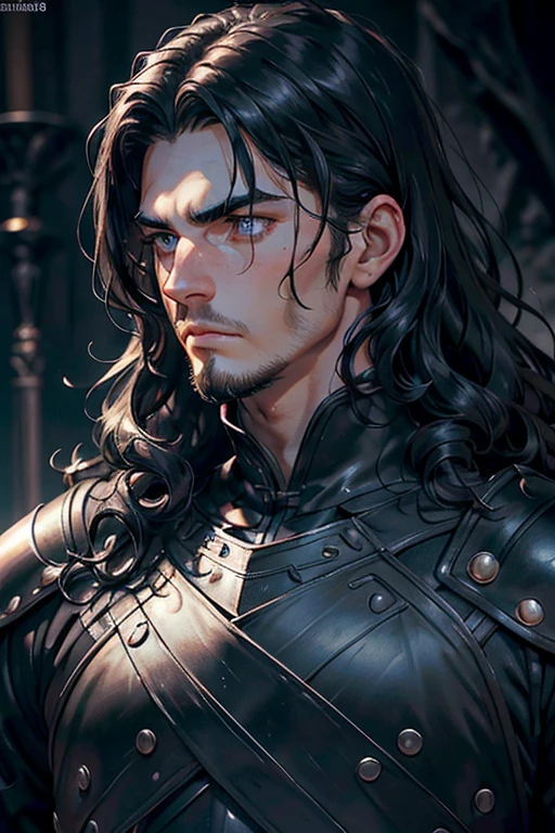 tall man, strong build, knight, pitch black armor, casual pose, upper body shot, (focus face), (super detailed black eyes:1.4, pitch black eyes, detailed eyes), (middle long wavy black hair, shining black hair), masculine face, young man, neutral expression, dark eyebrows, tiny beard, unscathed face, respectful look, (masterpiece, detailed, high resolution, 8k, super detailed, high quality), looking straight at viewer, head neutral pose, cinematic lighting, warm lighting,
