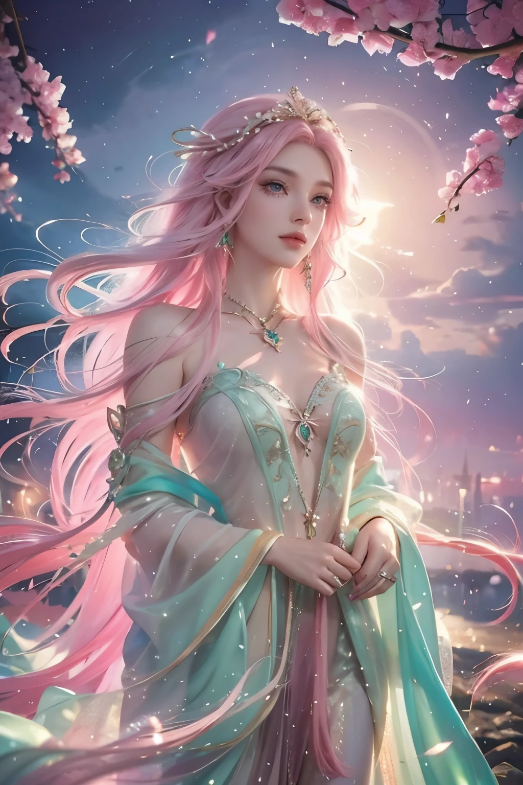 A delicate woman with long pink hair and pure green eyes, looking at the horizon with a small smile, the light of hope, she illuminates a sad world, the wind blows her pink hair, detailed face, detailed eyes, detailed lips, serene expression, beautiful, detailed, photorealistic, 8k, best quality, masterpiece, fantasy, magical, glowing, ethereal, soft lighting, pastel colors, romantic, dreamlike