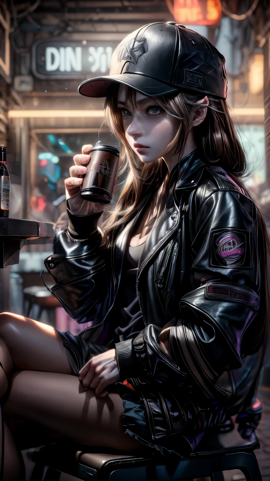 anime guy with brown hair and short full beard and a baseball cap sitting on a chair, anime guy drinks energy drink, 28 - year - old anime goth guy, artwork in the style of guweiz, cyberpunk anime guy in black leather biker jacket, girls frontline style, brown haired guy wearing black leather jacket, brown haired cyberpunk guy, mysterious coffee shop guy, anime guy with long hair, guweiz