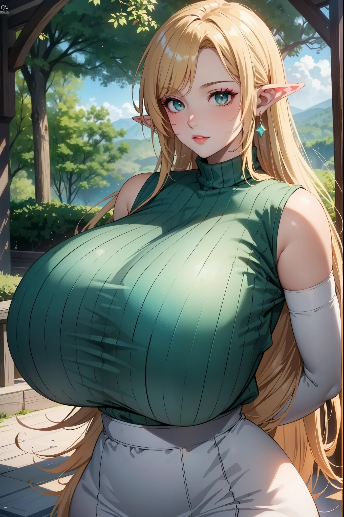 masterpiece, best quality, high resolution, an elf woman, forest background, uhd, blond hair, green_eyes, comsic bright glowing dress, kawacy, young, (fantasy 1.5) pigtails hair, 4k, (huge breasts:1.2)