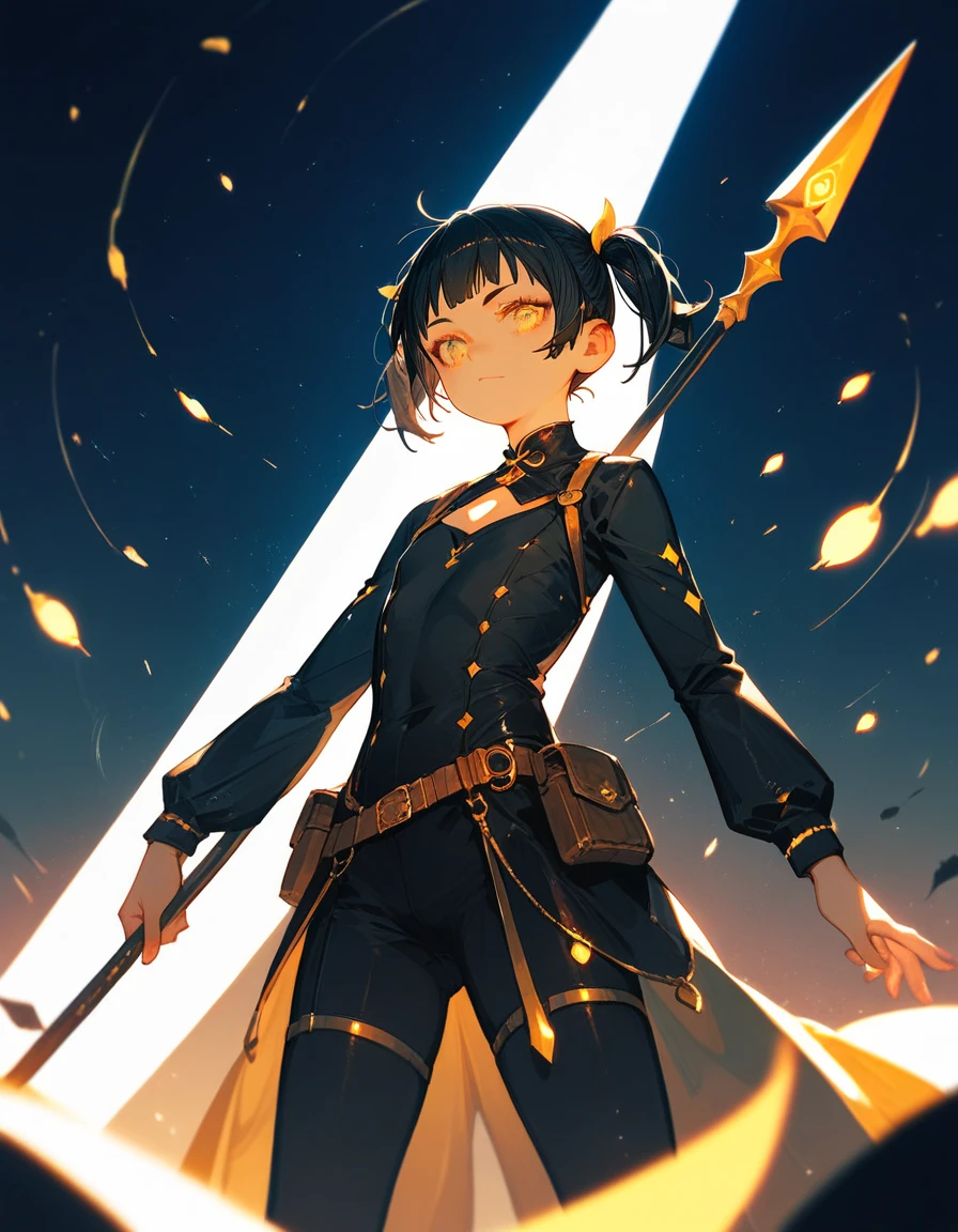 (best quality, ultra high resolution), ultra detailed, boyish girl, , yellow eyes, shining eyes, short white twin tails, standing pose, dramatic lighting, looking straight ahead, Motion holding a spear, Small chest, Gacha splash, yellow cinematic light source, black background